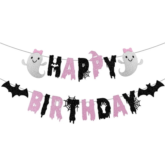 Halloween Themed Happy Birthday Banner with Ghosts and Bats Decorations, Spooky Birthday Party Garland for Kids and Adults