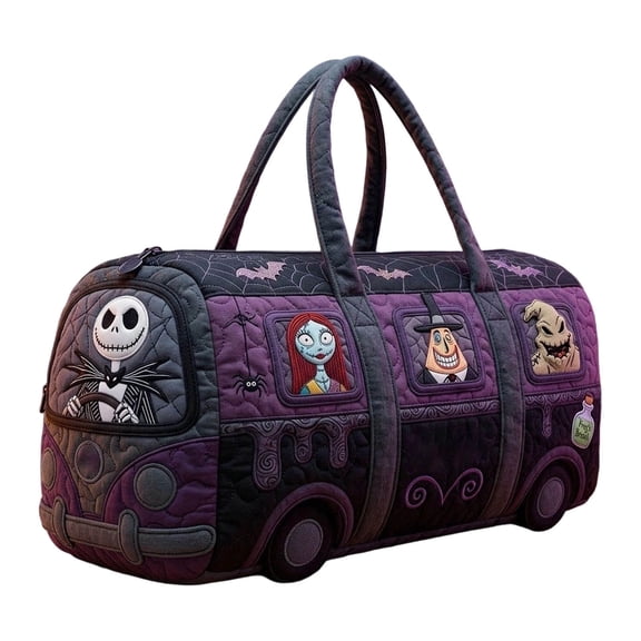 Halloween Themed Hippie Van Quilted Duffle Bag, Boho Travel Weekender Bag with Adjustable Strap, Retro Style for Everyday Travel