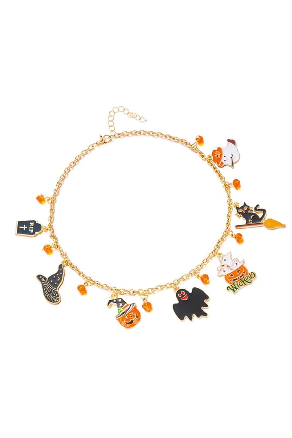 Halloween Themed Necklace With Cats Pumpkin Pendant Comfortable Alloy Adjustable Party Jewelry