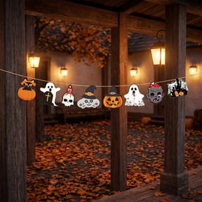 Halloween Themed Paper Banner, Thick Cardstock Spooky 8PCS Hanging Pennants for Home Party Window Scene Decoration