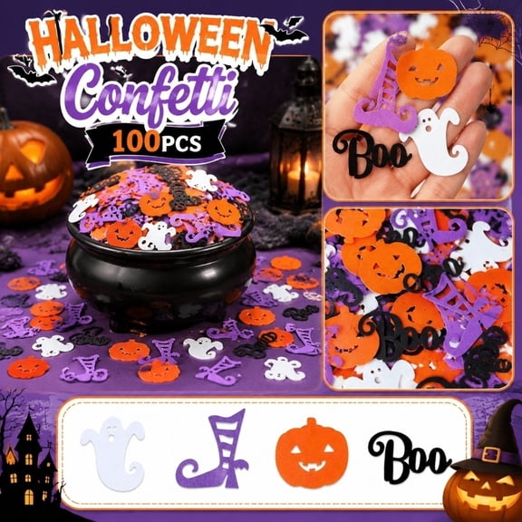 Halloween Themed Paper Scraps,100pc 6 Styles Ghost Witch Boot Pumpkin Boo Letter Table Scatter,All Ages Friendly Indoor Outdoor Party Table Decor for Halloween Decorations