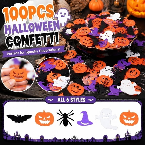 Halloween Themed Paper Scraps,100pc Pumpkin Ghost Bat Spider Witch Hat Table Scatter, All Ages Friendly Indoor Outdoor Party Table Decor for Halloween Decorations
