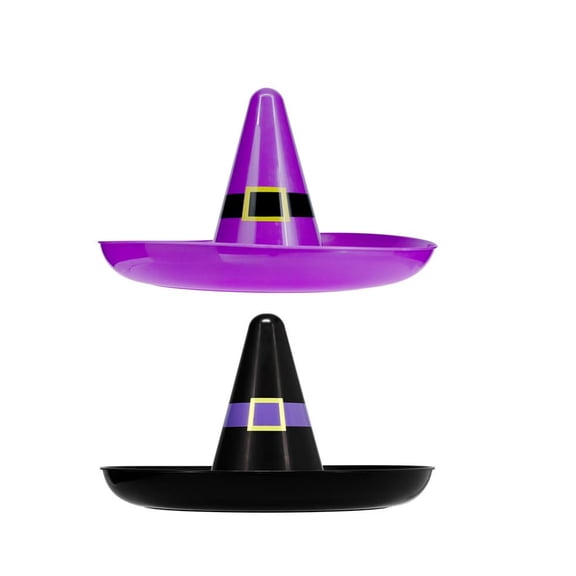Halloween Themed Plastic Witch Hat Round Tray 13.5 in Black and Purple Set of 2