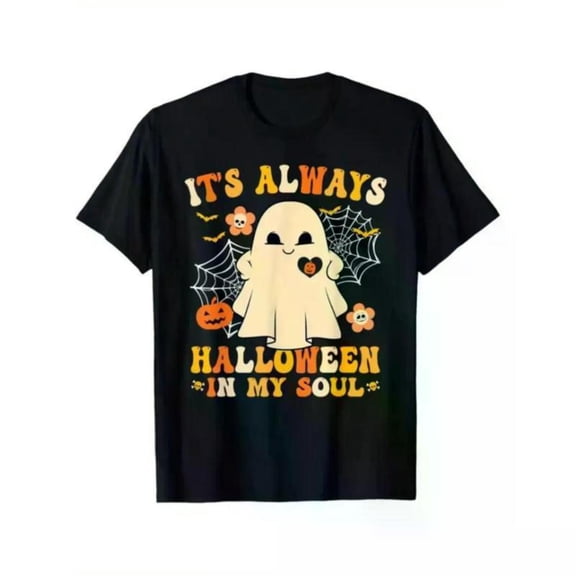 Halloween - Themed Printed Tee,Tops Features "IT'S ALWAYS HALLOWEEN IN MY SOUL" Text with Ghost, Pumpkin & Illustrations, Round Neck Regular Fit T - shirts, Size(S - 5XL)