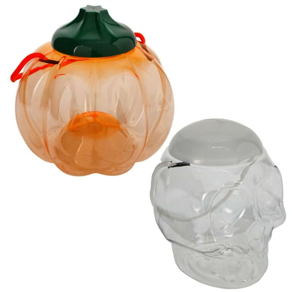 Halloween-Themed Pumpkin and Skull Shaped Plastic Candy Jar, 6-in. Spooky Delights Halloween Set Trick or Treat Stocking Stuffer Bag Basket Fillers Container Set of 2