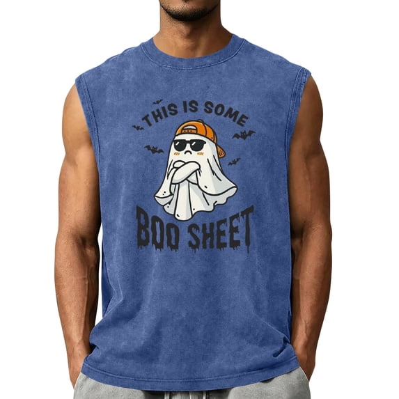 Halloween Themed Shirts Men Vintage Distressed Washed Pumpkin Graphic Sleeveless Crew-Neck T-Shirts New Stylish Pullover Sporty Clothing Blue XXL