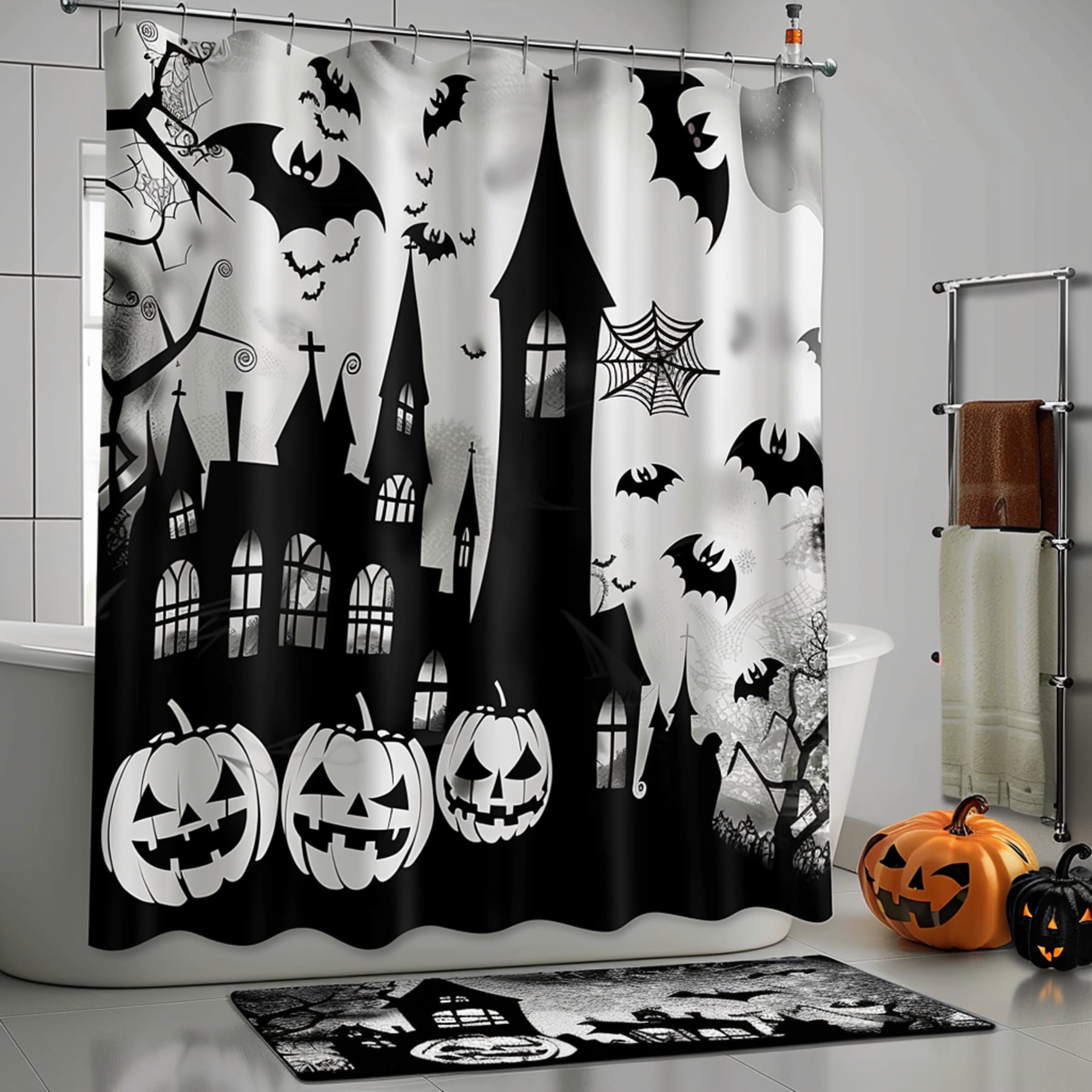 Halloween Themed Shower Curtain Set White and Black with Pumpkins Bats ...