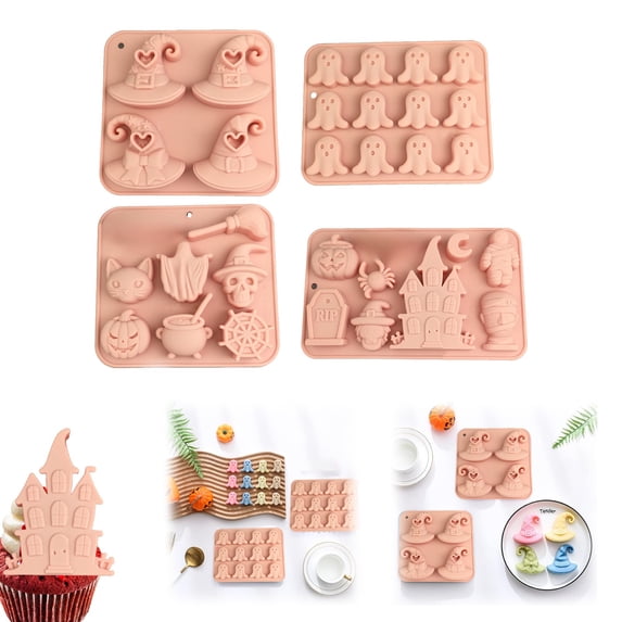 Halloween Themed Silicone Baking and Ice Cube Mold, Pumpkin Bat Witch Hat Candy and Fondant Mold for DIY Baking, Multicolor