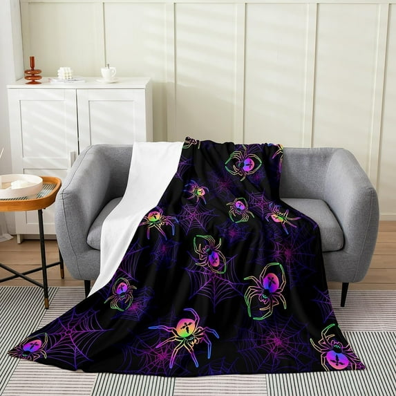 Halloween Themed Spider Web All Season,Blanket Fluorescent Purple Green Plush Throw Blanket, Decorative Scary Spider Flannel Fleece Blanket Spider Animal Bedroom Baby 30"x40"