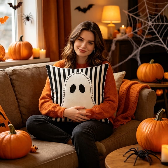 Halloween Themed Spooky Ghost Pillowcase, Home Decor Printed Cushion, Sofa and Living Room Decorative Pillow, Fall Time Accent, Soft Durable, 17.7x17.7 Inch