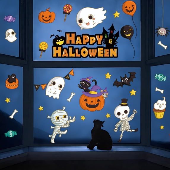 Halloween Themed Static Window Clings, Reusable Seasonal Decals for Indoor Glass & Mirror Holiday Halloween Decoration