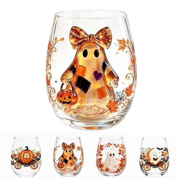 Halloween Themed Stemless Glass Cups, 400ml 2D Decal Decorative Drinking Glasses, Festive Holiday Atmosphere Glassware for Halloween Party Home Table Decor(B)