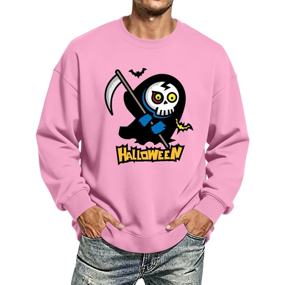 Halloween Themed Sweatshirt Men Pumpkin Ghost Printed Casual Long Sleeve Spooky Pullover Sweatshirt New Stylish Comfort Tshirts Pink M