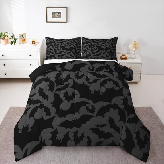 Halloween Themed Comforter Set,Black Bats Animal Print Bedding Comforters Bedroom Collection,Dark Grey Color Bedding Set Teens