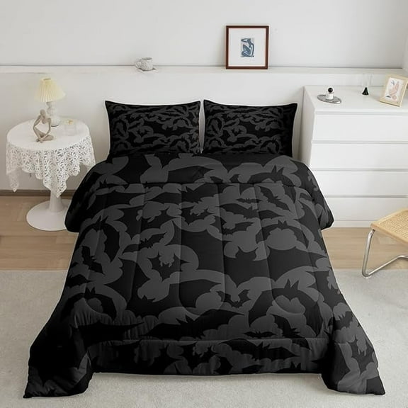 Halloween Themed Comforter Set,Black Bats Animal Print Bedding Comforters Bedroom Collection,Dark Grey Color Bedding Set Teens