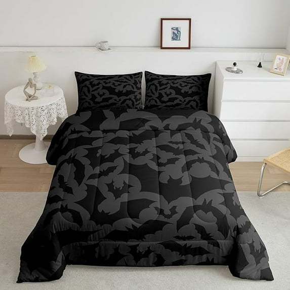 Halloween Themed Twin Size Comforter Set,Black Bats Animal Print Bedding Comforters Bedroom Collection,Dark Grey Color Bedding Set Teens
