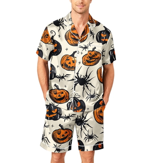 Halloween Themed Two Piece Pajama Set Men Ghost Graphic Casual Short Sleeve Button Collared Shirts and Shorts Stylish Comfortable Outfits White L