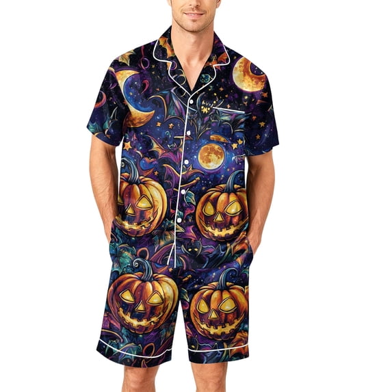 Halloween Themed Two Piece Pajama Set for Men Spooky Graphic Casual Short Sleeve Button Up Collared Shirts and Shorts Trendy Comfortable Clothing Black 2XL