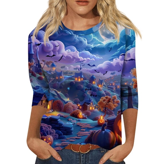 Halloween Themed Women's 3/4 Sleeve T-Shirt, Spooky Night Landscape Print, Comfortable Casual Top, Unique Holiday Apparel Halloween Tops for Women