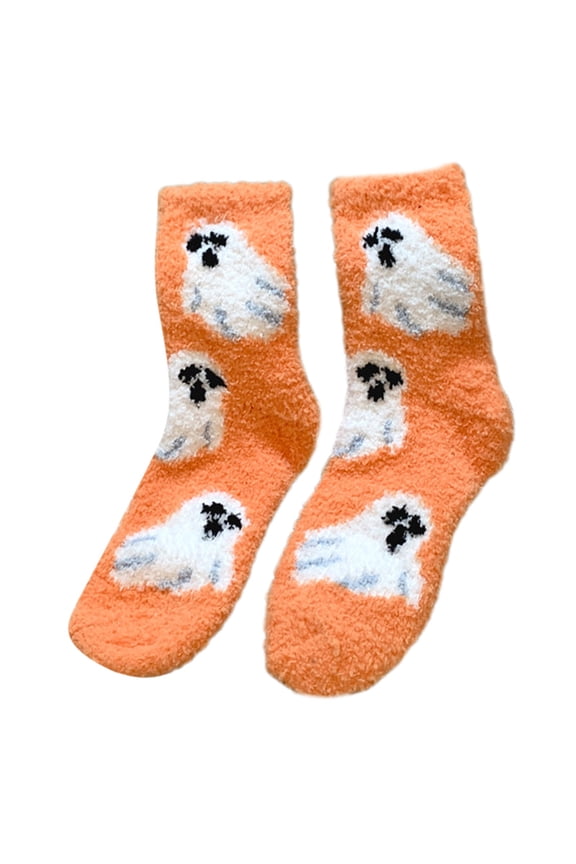 Halloween Themed Women's Coral Fleece Socks Soft Warm Indoor Fuzzy Slipper Socks Hosiery with Pumpkin Ghostly Pattern