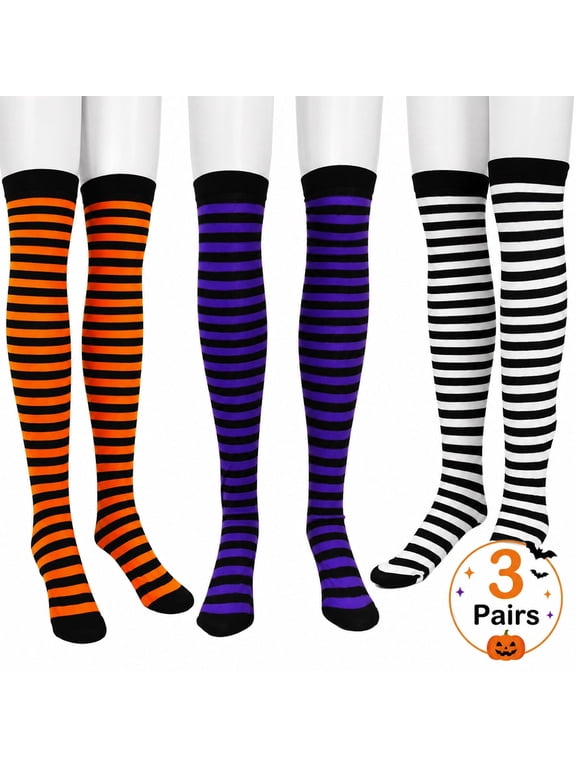 Halloween Thigh High Socks Halloween Costume Socks Halloween Long Striped Knee High Socks Witch Stocking for Women Girls 3 Pairs