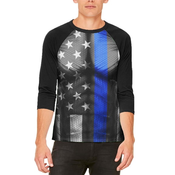 Halloween Thin Blue Line Superhero Costume Mens Raglan T Shirt White-Black LG