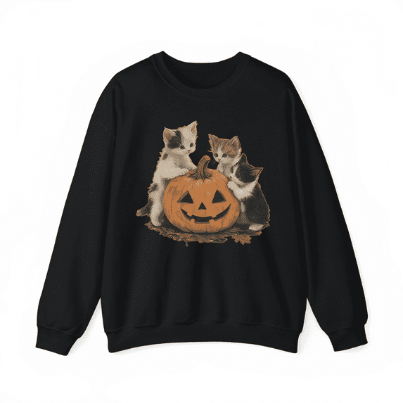 Halloween Three Little Cats Pumpkin pattern T-shirt top, round neck, long sleeve, comfortable Black S-3XL