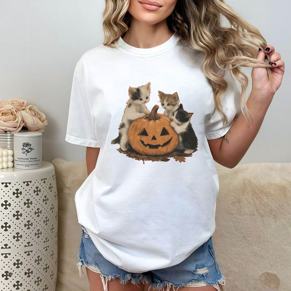 Halloween short-sleeved round-neck Three Little Cats Pumpkin pattern fashionable white，S-5XL