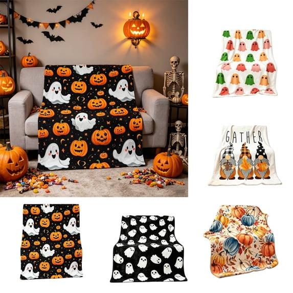 Halloween Throw Blanket Under $10 for Couch Bed Blue Throw Blanket Fall Throw Blanket Spooky Halloween Pumpkin Ghost Flannel Throw Blanket Decorative Bed Couch Cover Bedroom Halloween Decorations