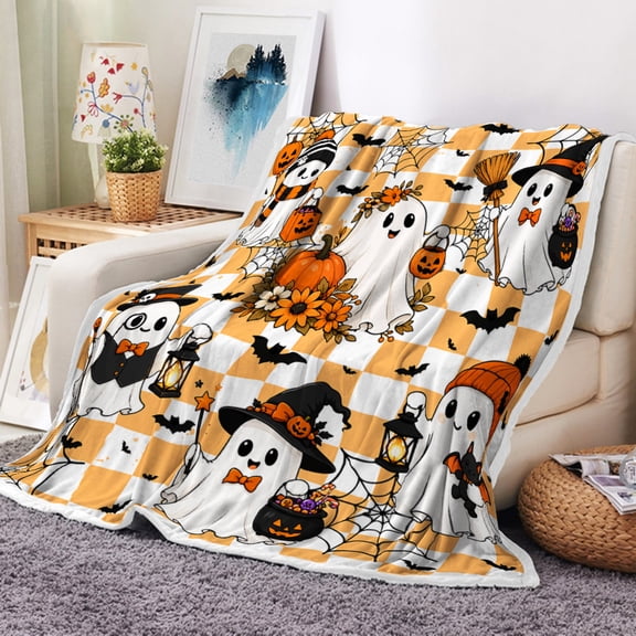 Halloween Throw Blanket, 30" x 40" Cute Ghost Soft Flannel Fleece Checkered Blankets for Couch, Sofa & Bed, Plush Warm Fall Winter Decor, Halloween Spooky Gifts