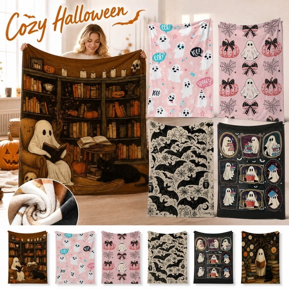 Halloween Throw Blanket 40 Inch Spooky Vintage Ghost Reading Design Cozy Decorative Fall Throw Blanket for Couch Bed Halloween Home Decor Indoor Aesthetic, 1 Pack