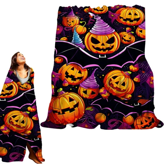 Halloween Throw Blanket, Black Cute Pumpkin Ghost Warm Comfortable Bed Sofa Blanket, Funny Bats Flannel Throws and Blankets Living Room Bedroom Decoration 150x200