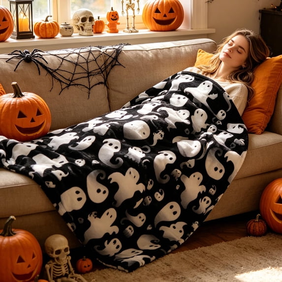 Halloween Throw Blanket, Black Flannel Blanket With Ghost Pumpkin Print, Washable Soft Warm Cover, All Season Multipurpose Blanket for Sofa, Bed, Lounge and Halloween Home Decoration