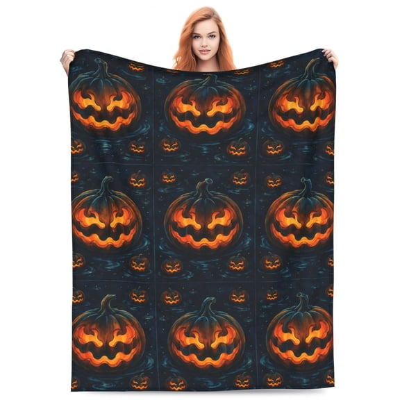 Halloween Throw Blanket, Black Orange Pumpkin Fall Aesthetic, Soft Cozy Warm Plush Flannel Blanket for Couch Travel 50x40