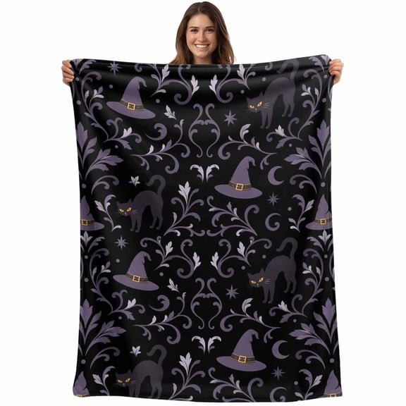 Halloween Throw Blanket Black Purple Witch Hats Blankets and Throws, Black Cats Leaves Vines Blanket for Couch Bed Sofa Chair, Soft Cozy Warm Flannel Fleece Blankets for All Season 30x40 Inch