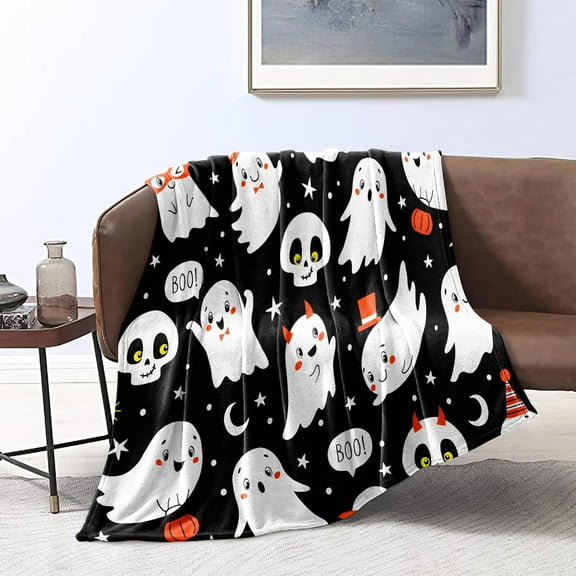 Halloween Throw Blanket for Couch Sofa Bed Cute Ghost Printed Blanket Soft Lightweight Plush Blanket Halloween Room Decor for All Season(Black,Throw(50"x60"))