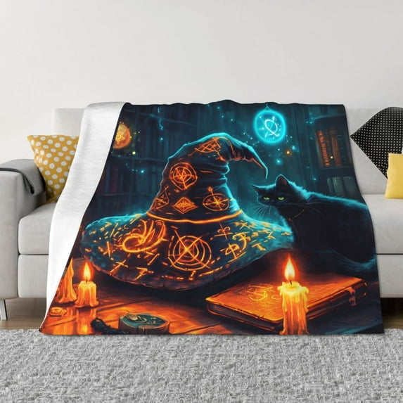 Halloween Decorations Throw Blanket for Couch, Halloween Vintage Witch Hat Black Cat Halloween Blanket Fuzzy Throw Blanket, Halloween Decor Cuteness Plush Flannel Blanket & Throws