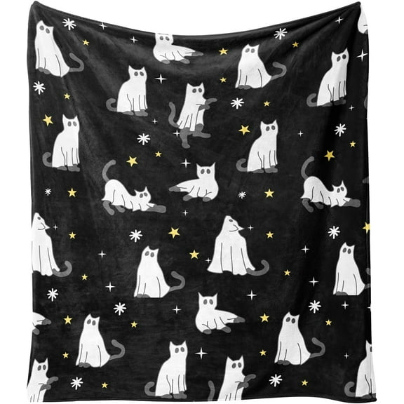 Halloween Throw Blanket with Cute Ghost Cat Design - Gothic Spooky Fleece & Flannel Blanket for Women, Perfect for Home, Dorm, Couch, Bed Decor - 60" x 50"