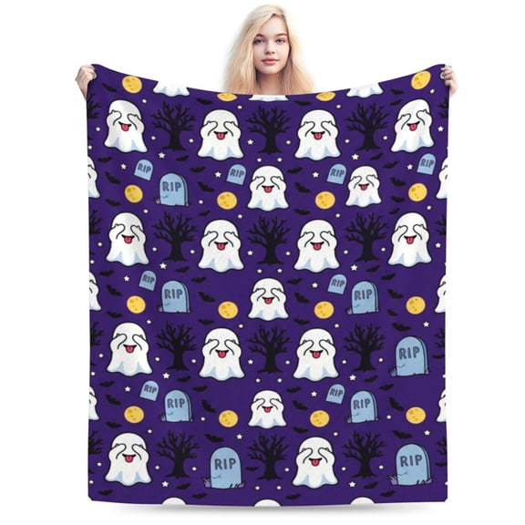 Halloween Throw Blanket, Cute Ghost Moon Bat Pattern, Gothic White Spirit Spooky Fall Decor, Soft Plush Flannel Blanket for Couch Bed 50x40
