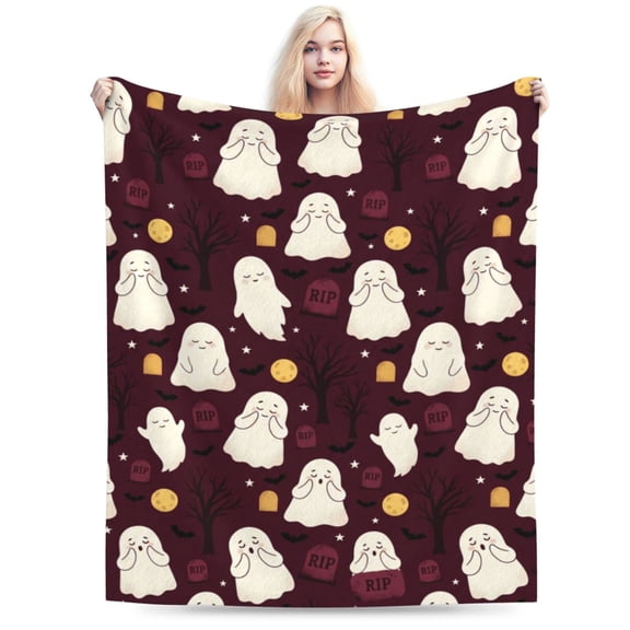Halloween Throw Blanket, Cute Ghost Moon Bat Pattern, Gothic White Spirit Spooky Fall Decor, Soft Plush Flannel Blanket for Couch Bed 50x40