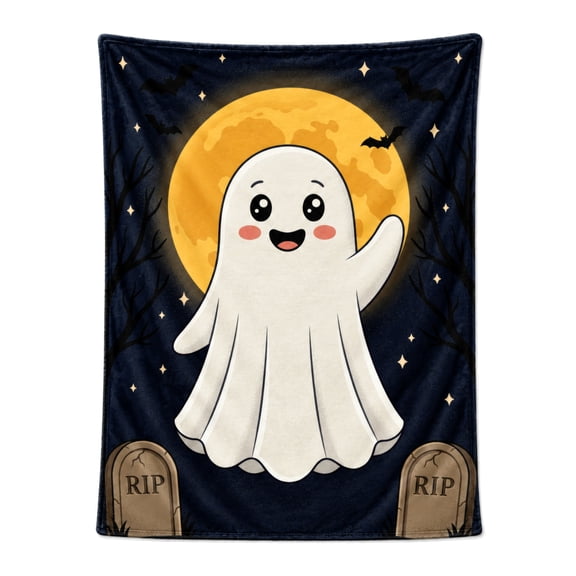 Halloween Throw Blanket, Cute Ghost Moon Bat Pattern, Gothic White Spirit Spooky Fall Decor, Soft Plush Flannel Blanket for Couch Bed 50x40
