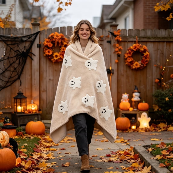 Halloween Throw Blanket, Cute Ghost Print Flannel Fleece Blankets Soft Cozy Spooky Fall Blanket for Couch Sofa Bed (70x100cm/27.6x39.4in)
