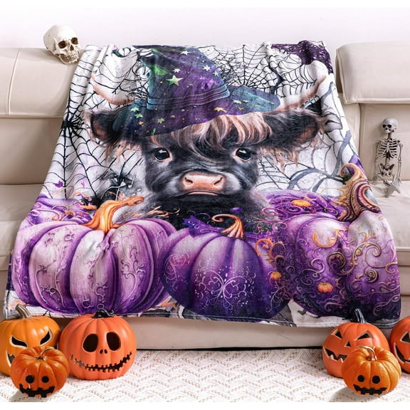Halloween Throw Blanket Cute Highland Babycow Blanket Witchy Flannel Purple Pumpkin Cozy Halloween Decoration for Sofa Bed Holiday Party Gifts
