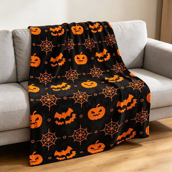 Halloween Throw Blanket, Cute Spooky Pumpkin Spider Web Halloween Blanket Decor, Warm Cozy Flannel Halloween Decorative Nap Blanket for Sofa, Couch, Chairs and Bed, 51.2"x 39.4"