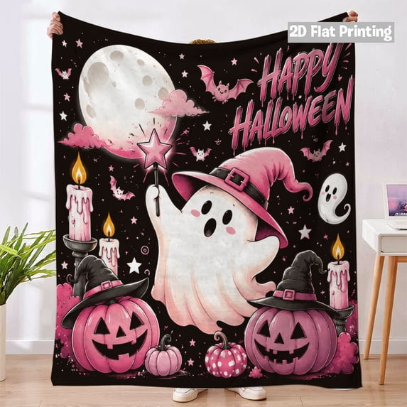 Halloween Throw Blanket, Flannel Blanket with Cute Ghost Pumpkin Floral Print Fall Throw for Sofa Couch Bed Decor