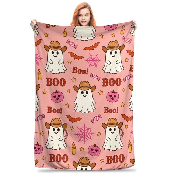 Halloween Throw Blanket Flannel Pink Ghost Boo Design All Season Throw Warm Soft Plush Home Decor for Couch and Bed 50x40