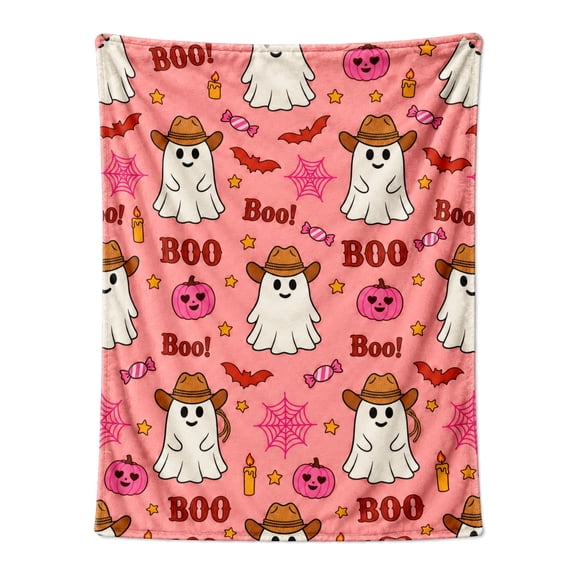 Halloween Throw Blanket Flannel Pink Ghost Boo Design All Season Throw Warm Soft Plush Home Decor for Couch and Bed 50x40