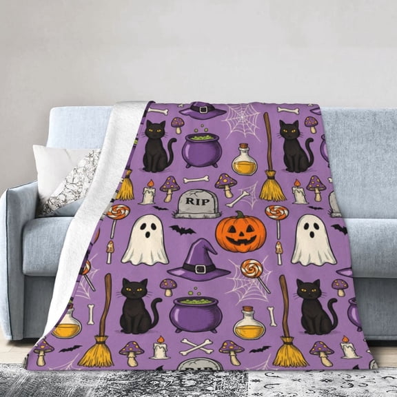 Halloween Throw Blanket, Flannel Pumpkin Black Cat Print, All Season Throw, Soft Plush Warm Cozy Blanket 50x40