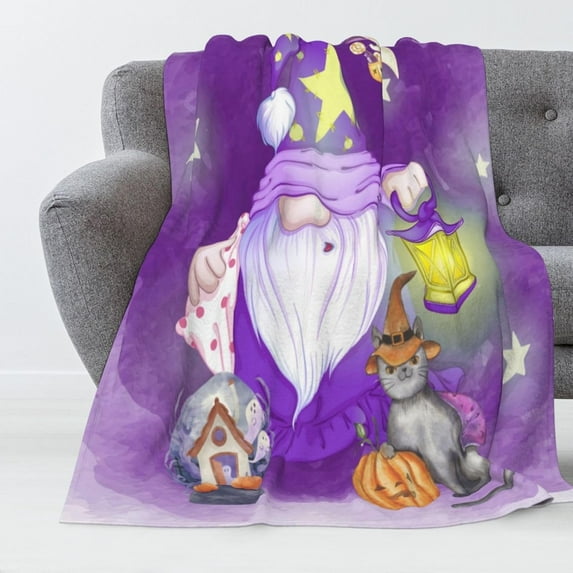 Halloween Throw Blanket Funny Sleepy Gnome Ghost Witchy Cat Spooky Fleece Blanket, Soft Cozy Lightweight Halloween Purple Blanket for Couch Bed Sofa Home Decorations 60" x 80"