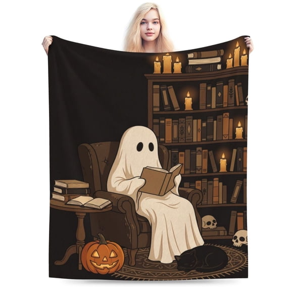 Halloween Throw Blanket, Ghost Pumpkin Spooky Reading Pattern, Horror Bookish Decor, Soft Plush Flannel Blanket for Sofa Couch Bed 50x40